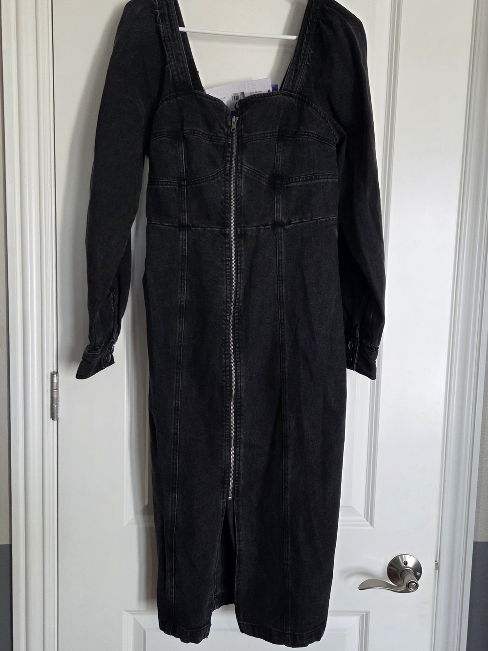 Black Long Sleeve Zip-Front Midi Dress